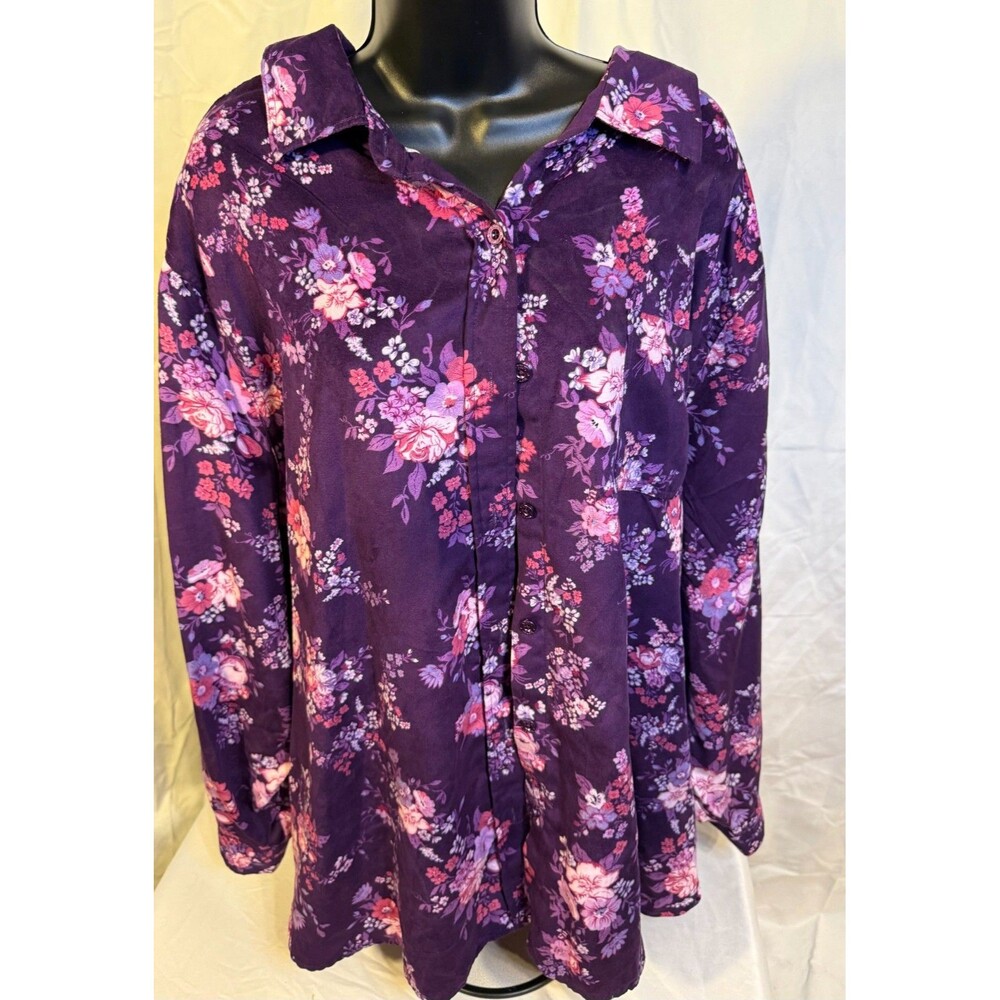 Purple Floral whimsygoth Women’s Plus 4X Button Shirt Soft Cottagecore Normcore